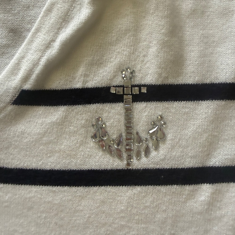 Tommy Hilfiger Womens XL White Striped V-Neck Sweater Rhinestone Anchor Nautical - Picture 4 of 11